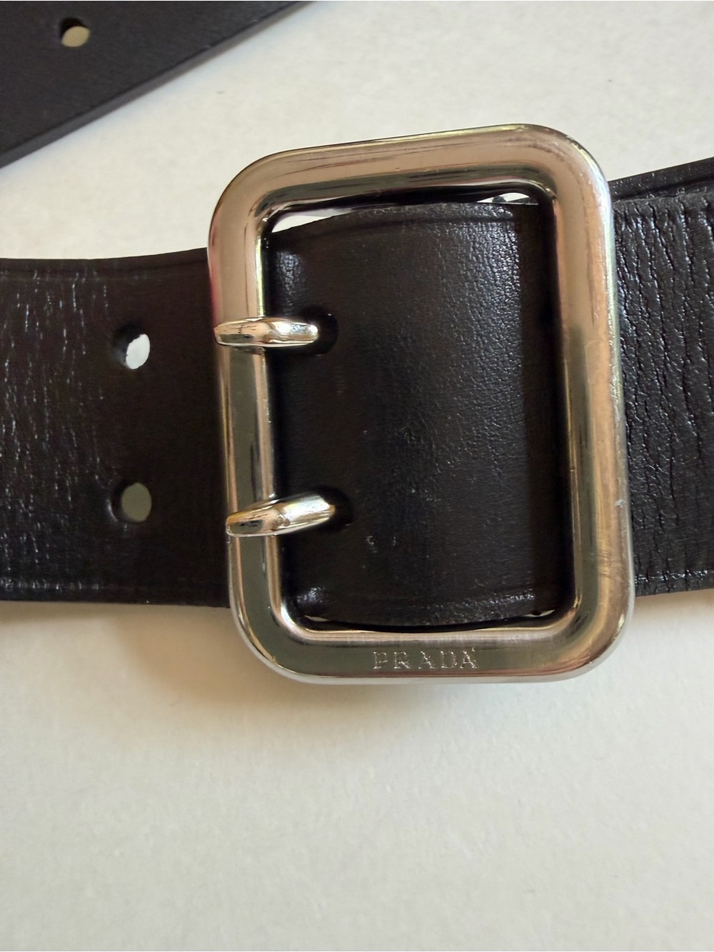 Authentic Prada Milano Black Leather Double Prong Belt Silver Buckle Size 75/30